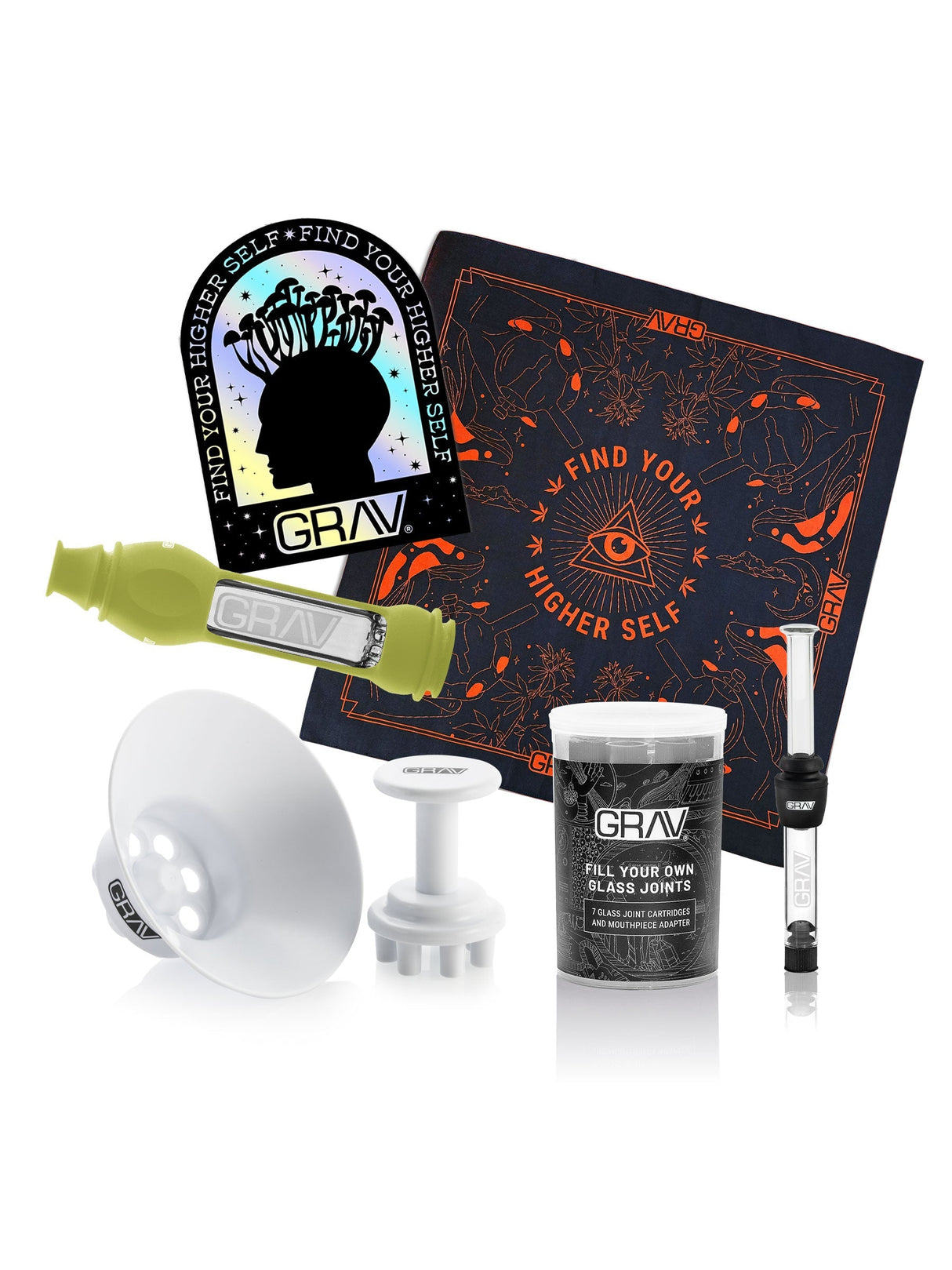GRAV Festival Bundle with Glass Chillum, Grinder, and Stash Jar on White Background