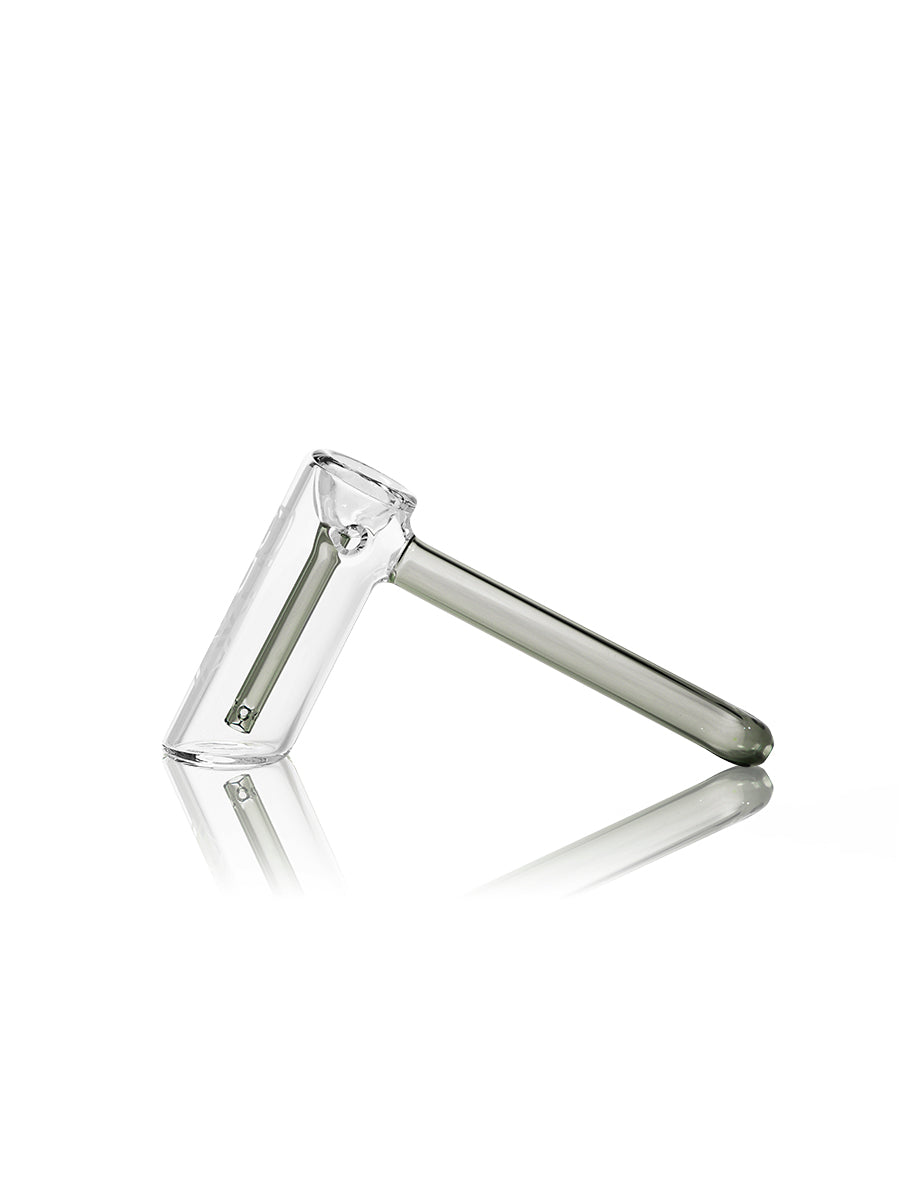 GRAV Hammer Bubbler in Smoke color, clear borosilicate glass, side view on white background