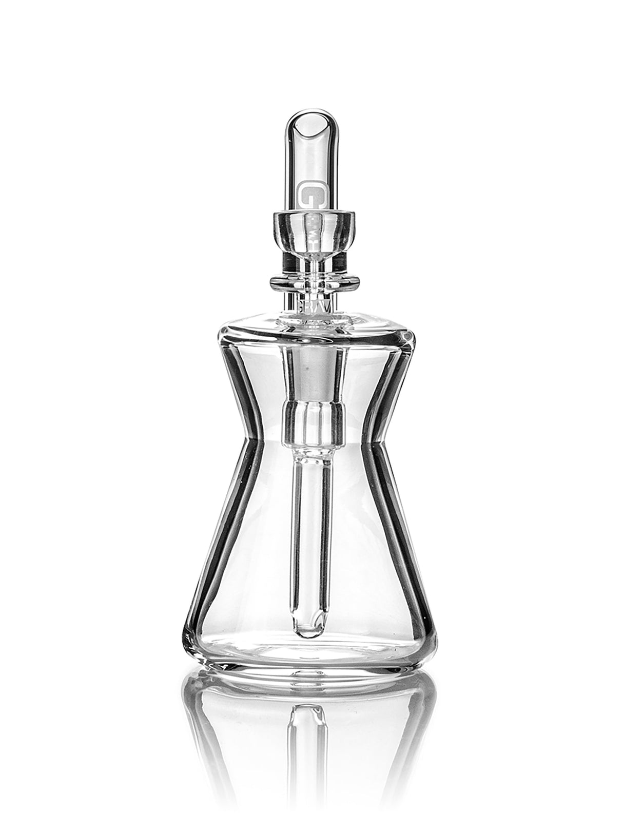 GRAV Hourglass Pocket Bubbler in Clear Borosilicate Glass, Front View on Reflective Surface