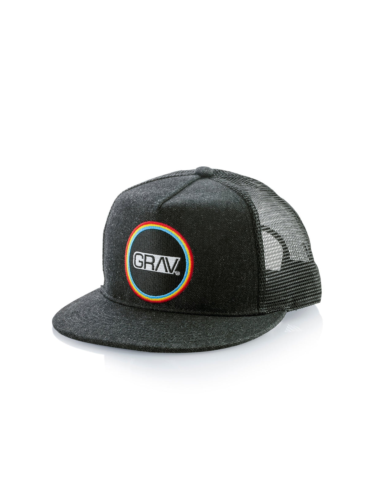 GRAV Trucker Cap front view with black mesh back and iconic logo on the front panel