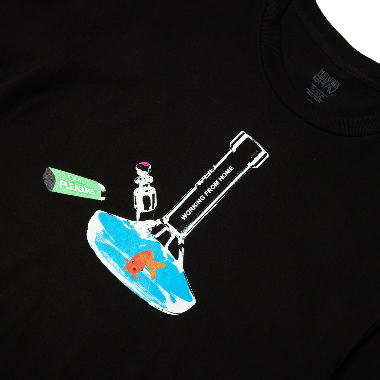 GRAV black t-shirt with 'Working from Home' graphic design, close-up view