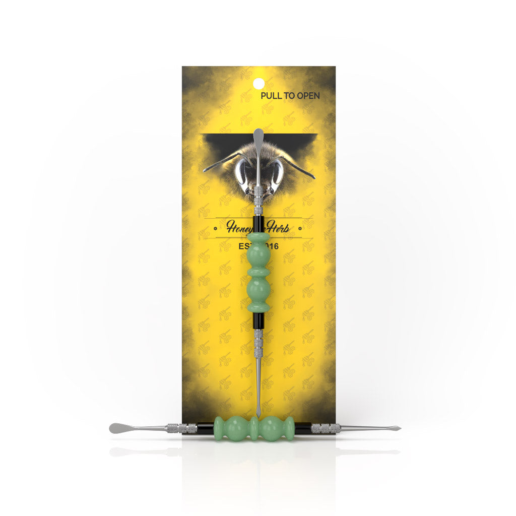 Honeybee Herb BLISS DAB TOOL in Green with stainless steel tips, front view on branded package
