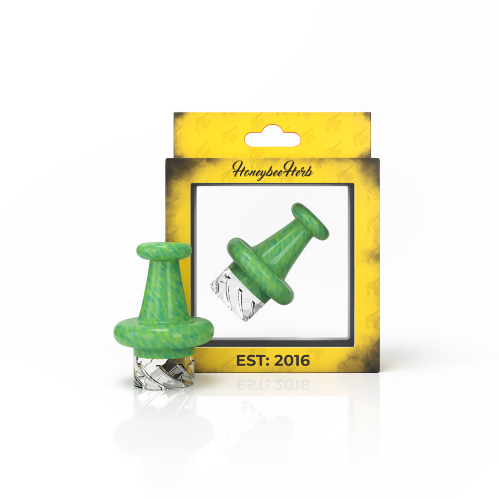 Honeybee Herb Green Vortex Carb Cap for Dab Rigs, 30mm Diameter, Front View on Packaging