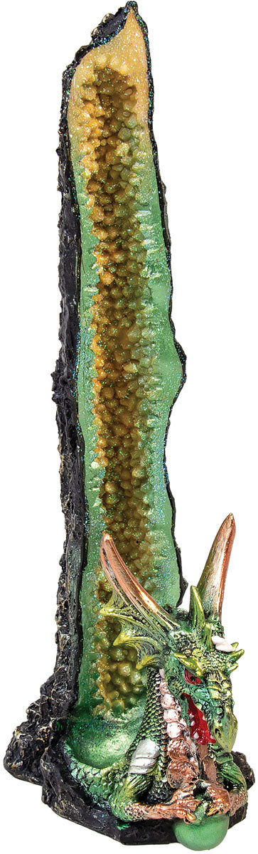 Green Dragon Geode Incense Burner, 10" Polyresin, Side View with Detailed Dragon Design