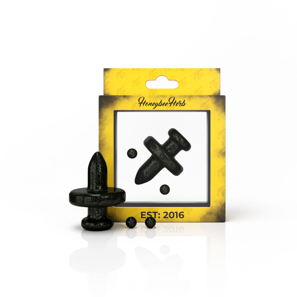 Honeybee Herb Galaxy Top Control Tower Cap in green for dab rigs, front view on branded packaging
