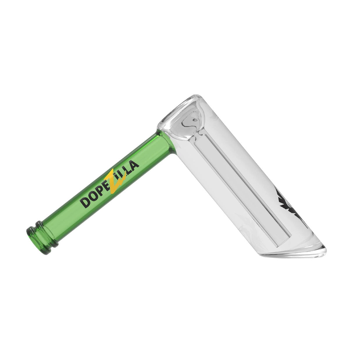 Green Phoenix Bubbler by Valiant Distribution, compact 5" borosilicate glass, clear with green accents