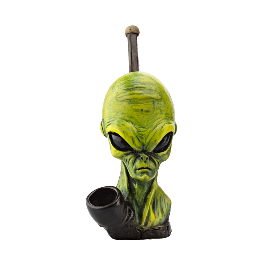 Medusa Customs Alien V2 Hand Carved Pipe, Front View, Intricate Green Alien Design