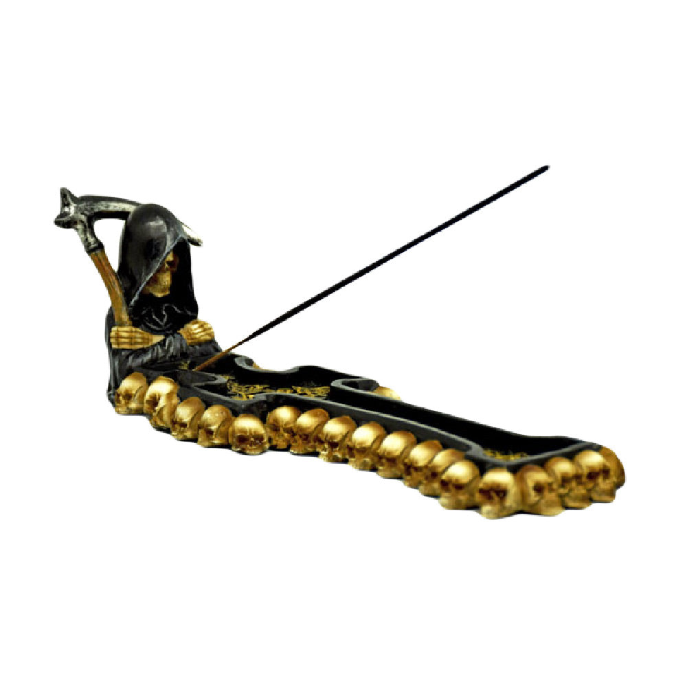 Grim Reaper Catacombs Incense Burner, 9" Polyresin, Side View with Incense Stick