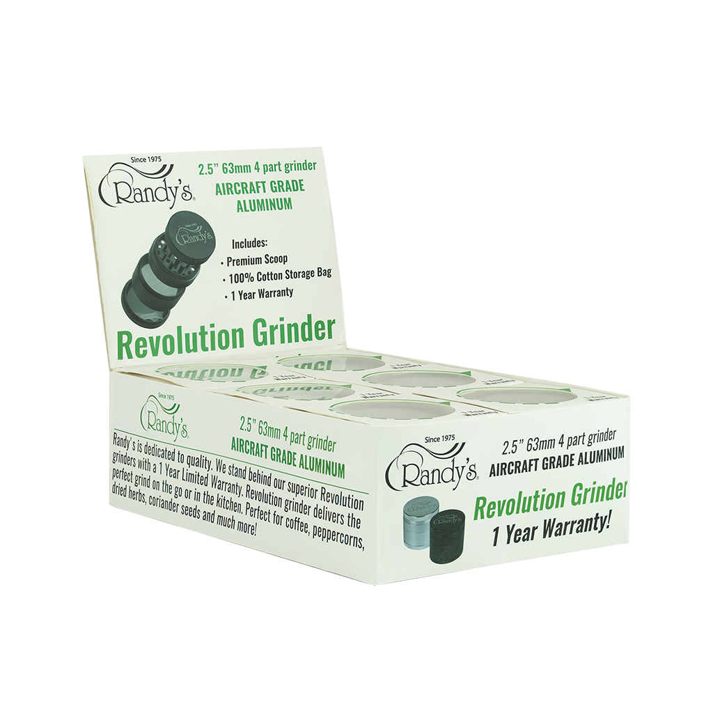 Randy's Revolution Grinder in packaging, front and side view showcasing aircraft grade aluminum