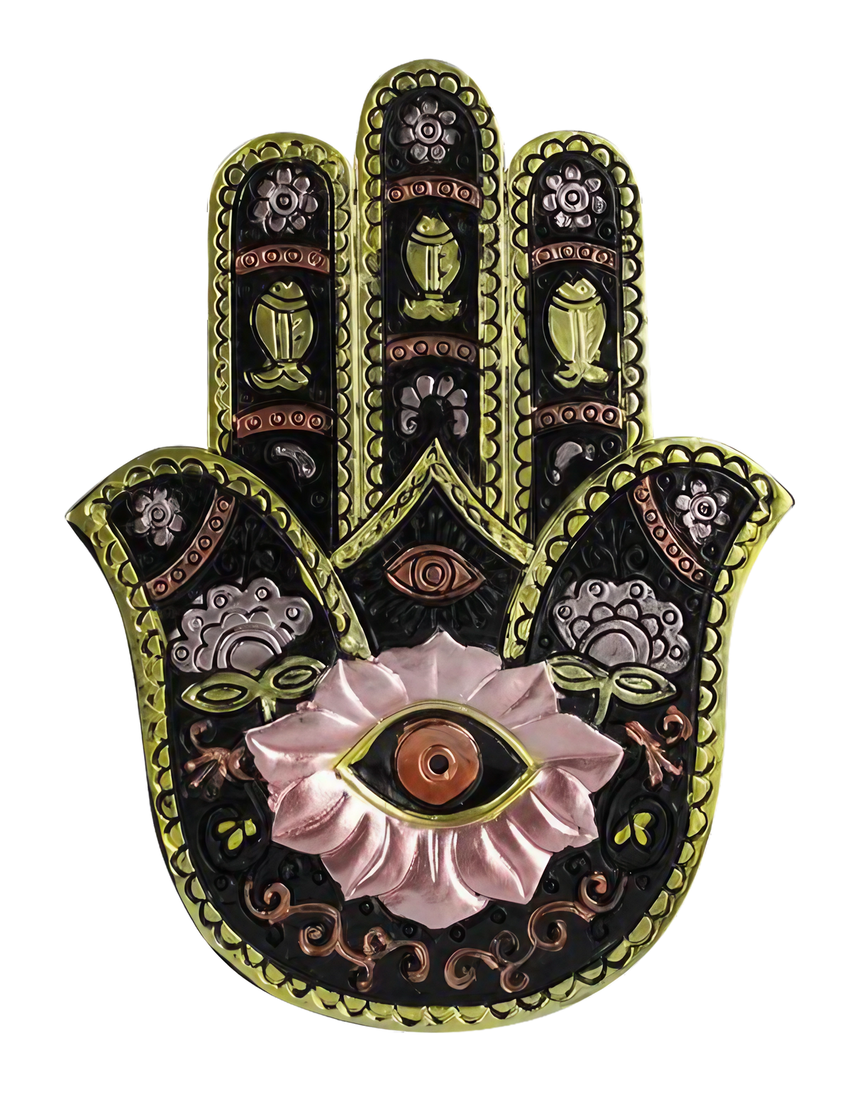 Black and gold polyresin Hamsa Hand incense burner with intricate designs, front view