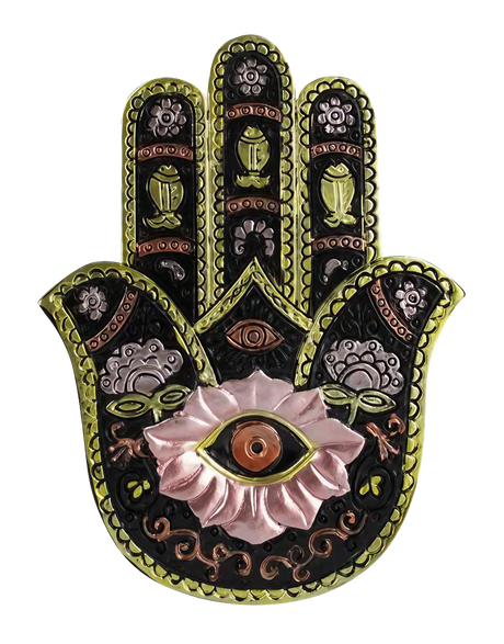 Black and gold polyresin Hamsa Hand incense burner with intricate designs, front view