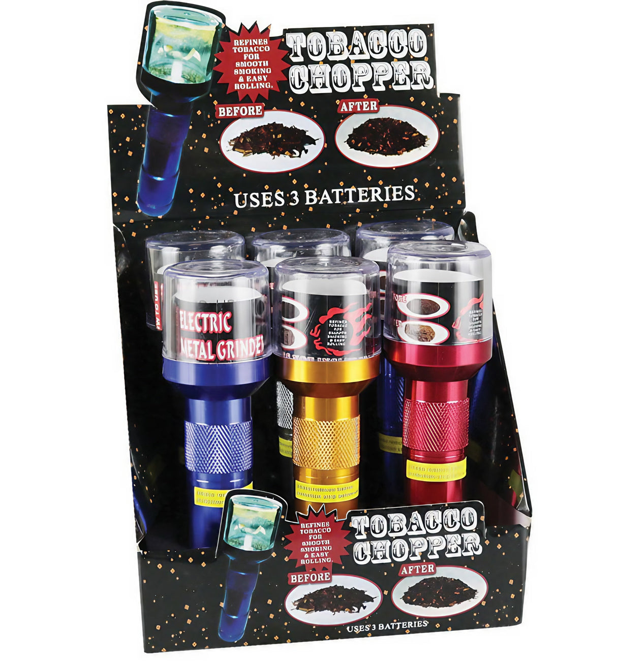 Assorted colors 6-pack display of Handheld Electric Grinders, battery-powered and compact design