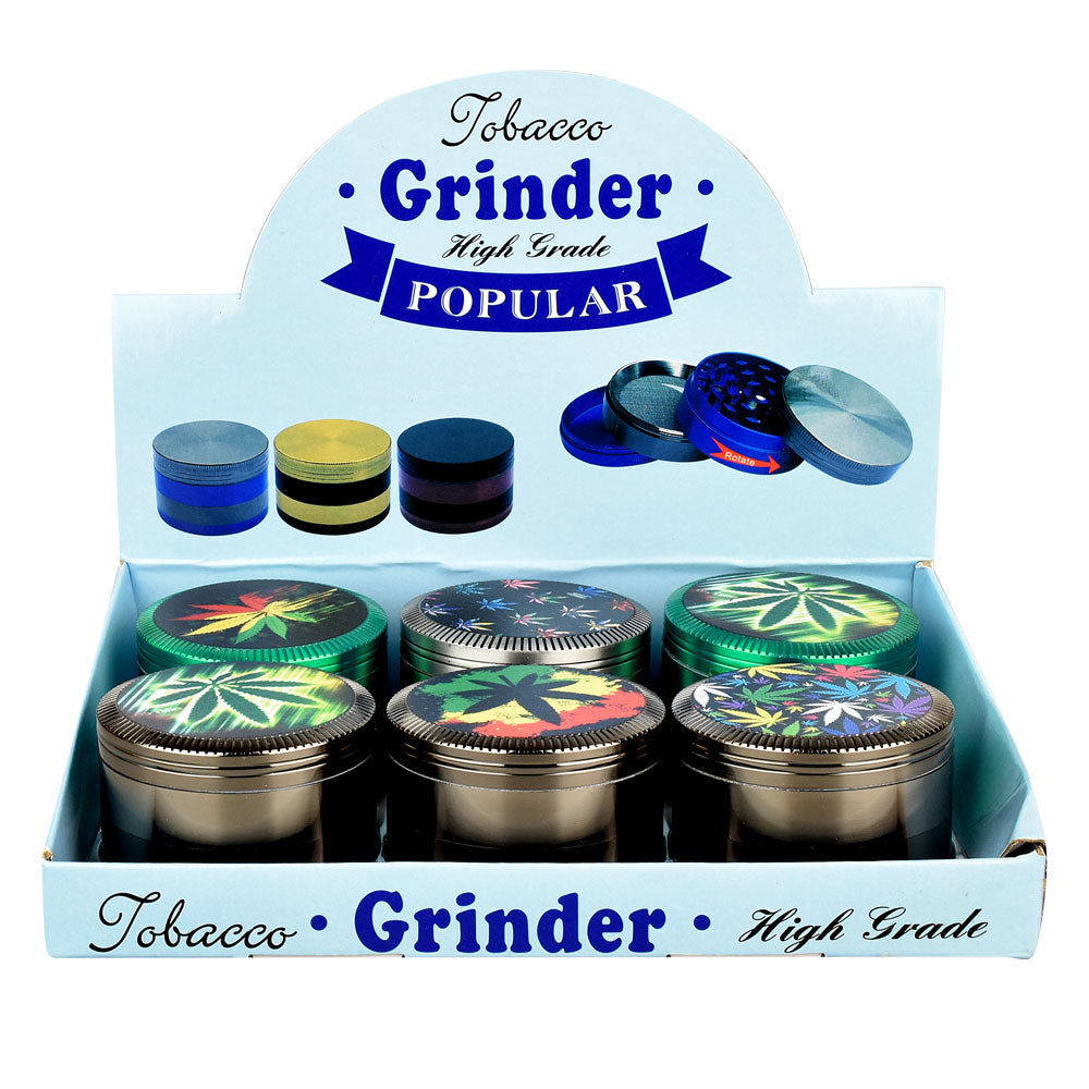 6-pack Hemp Leaf Metal Grinders, various colors, front view with display box