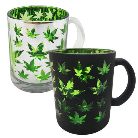 Hemp Leaf Metallic Glass Coffee Mugs 16oz with green cannabis leaf design, front and angle view