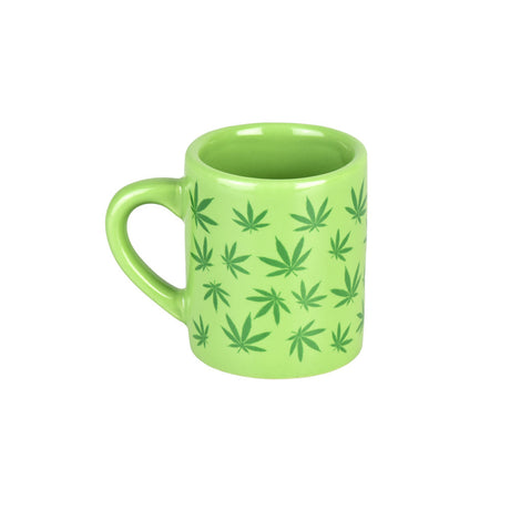 Ceramic shot glass with hemp leaf design, heavy wall, front view on white background