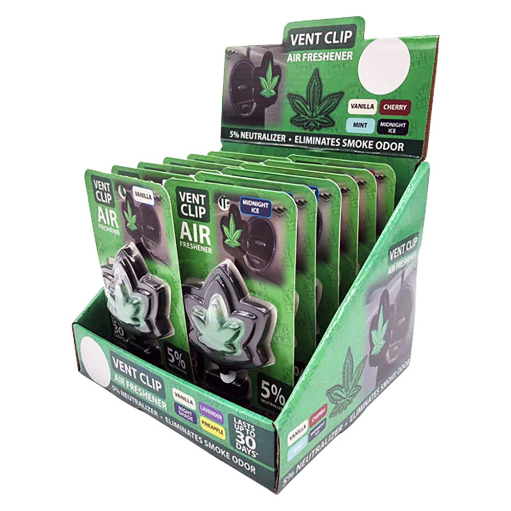 Hemp Leaf Shaped Vent Clip Air Fresheners on Display, Assorted Fragrances, Front View