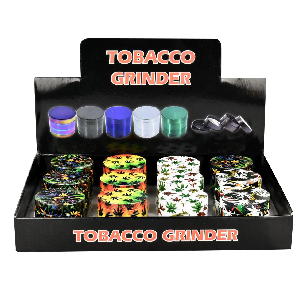 Hemp Leaves 4-Piece Aluminum Grinders Display Box - 12 Pack, Various Colors