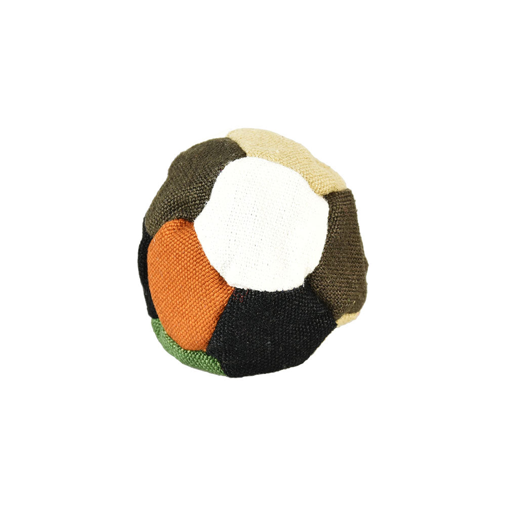 Hemp Patchwork 12-Panel Footbag on White Background, Durable Sand-Filled for Juggling