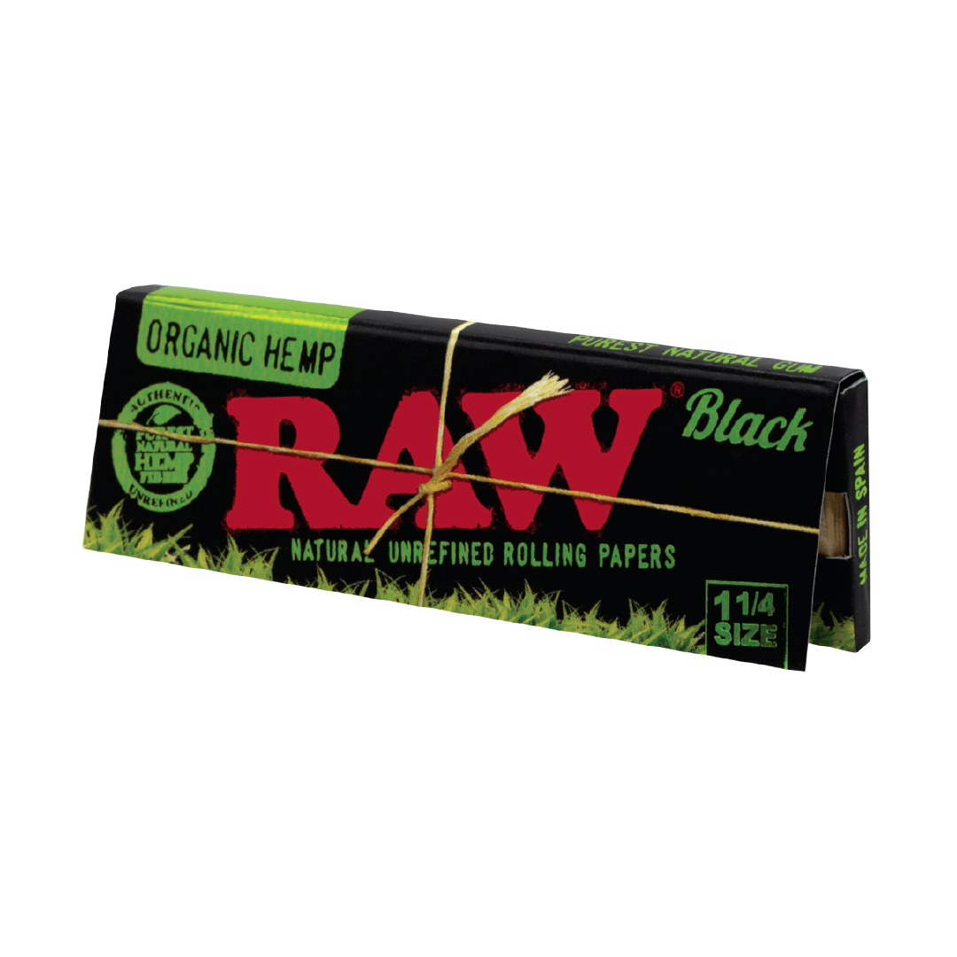 RAW Organic Black Rolling Papers 1 1/4 Size Front View on White Background