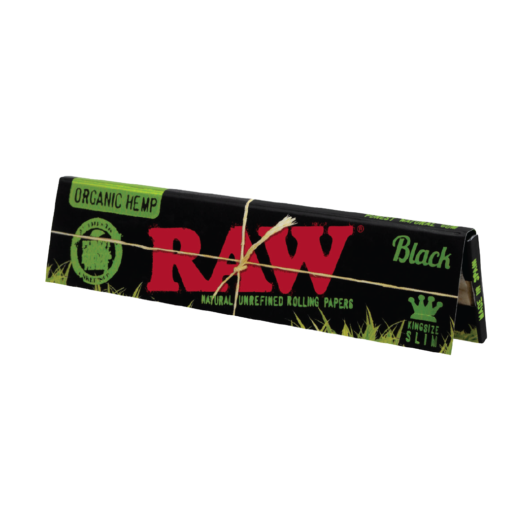 RAW Organic Black Rolling Papers pack front view on white background