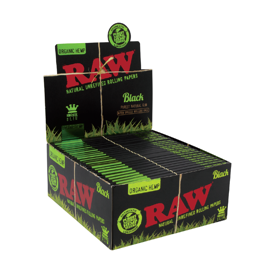 RAW Organic Black King Size Slim Rolling Papers box front view on white background