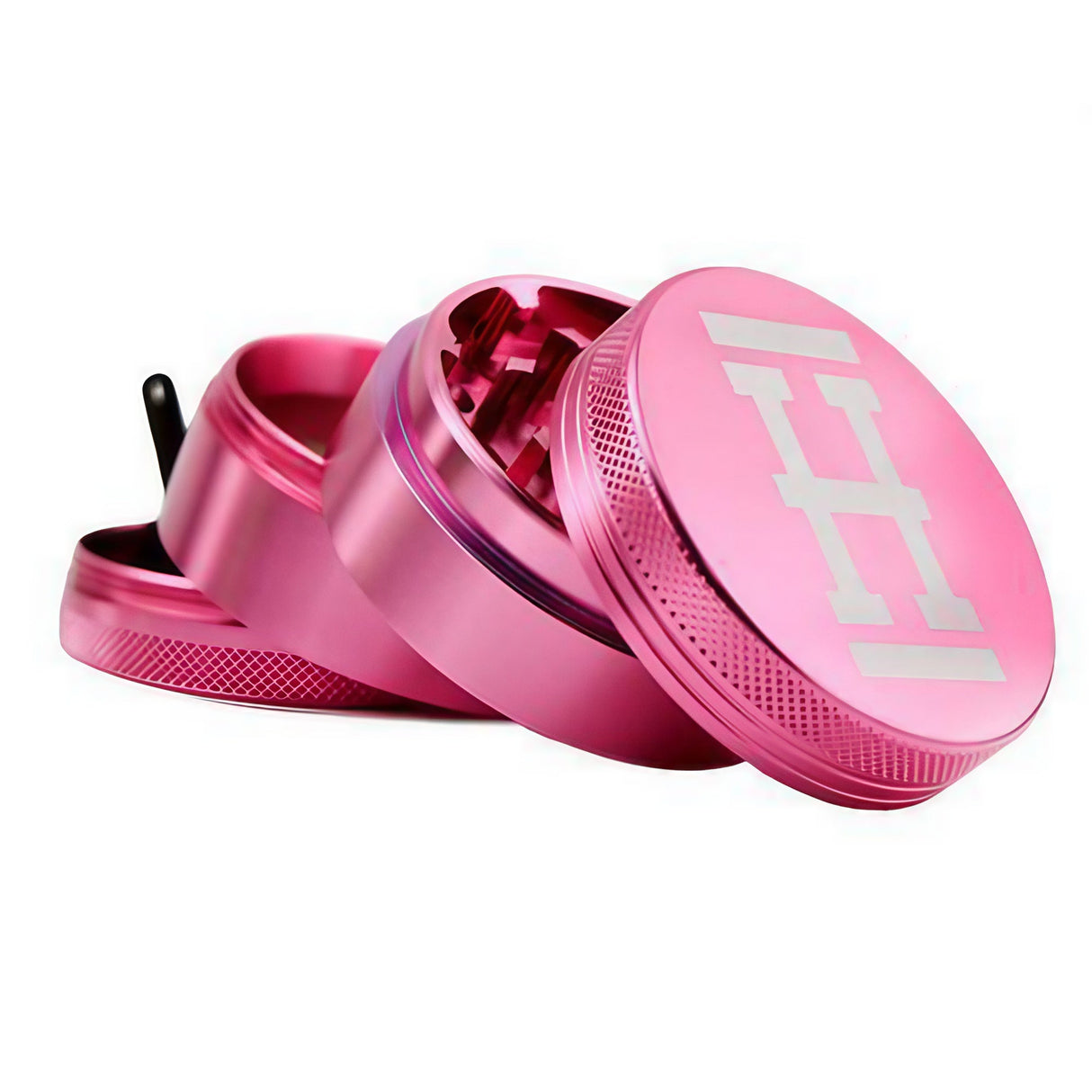 Hemper Aluminum Grinder 4 Piece in Pink, Large Size, 2.2" Diameter, Angled View