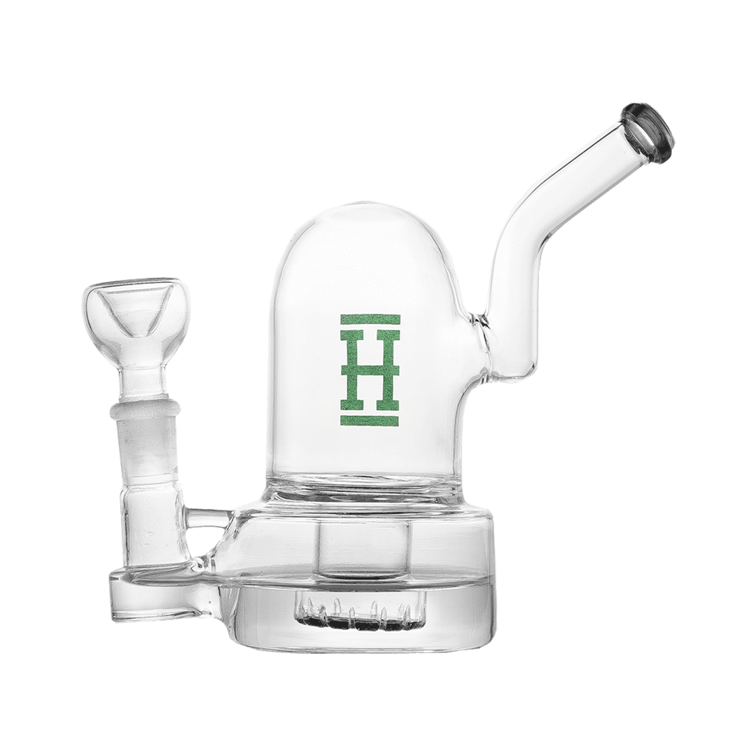 Hemper Bell Rig in Smoke color, 7" tall, 14mm joint, side view on seamless white background