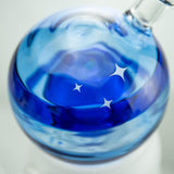 Hemper Crystal Ball XL Rig with blue swirls and stars design, close-up side view, 7" height, 14mm joint
