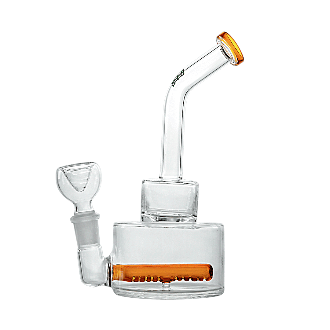 Hemper Inline Puck Bong V2 with Amber Accents, Clear Glass, Front View on White Background