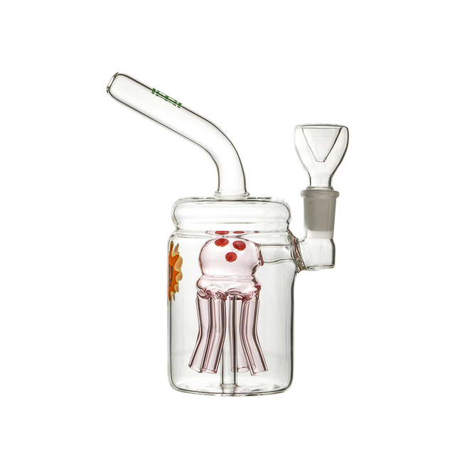 Hemper Jellyfish Jar Bong in Pink with Clear Glass, Front View, 7" Height and 14mm Female Joint