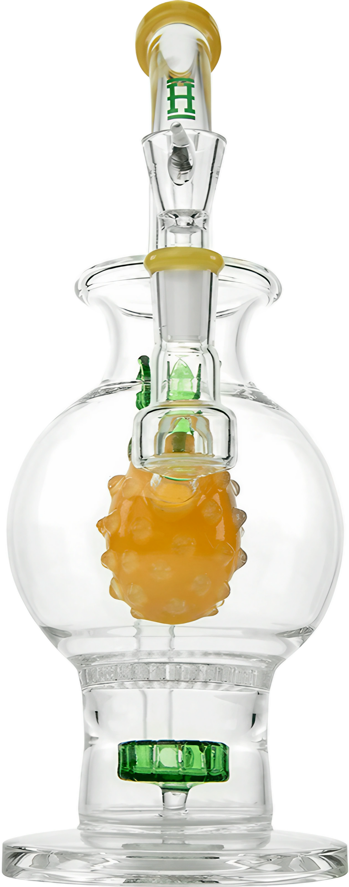 Hemper Pineapple Bong XL, clear and yellow borosilicate glass, 10-11" height, front view