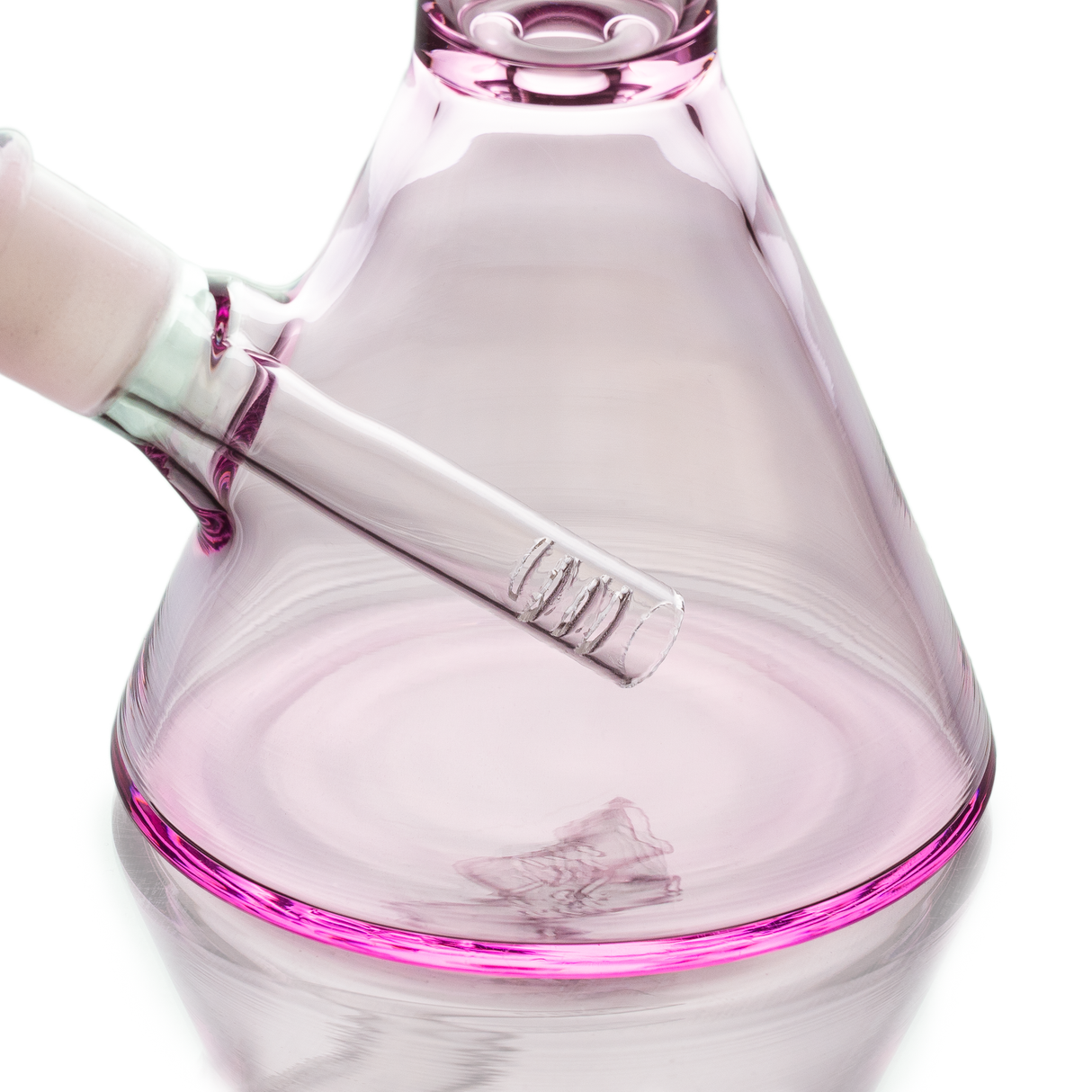 Hemper Pink Beaker Bong with a clear glass downstem, close-up angled view