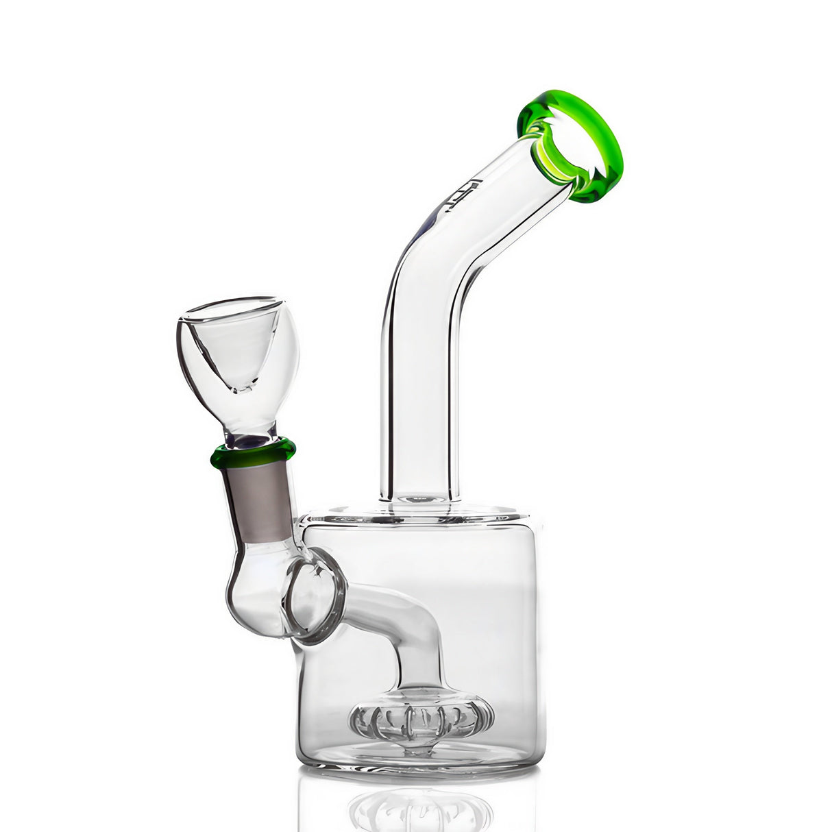 Hemper Puck Rig in Green with Glass on Glass Joint and Disc Percolator - Front View