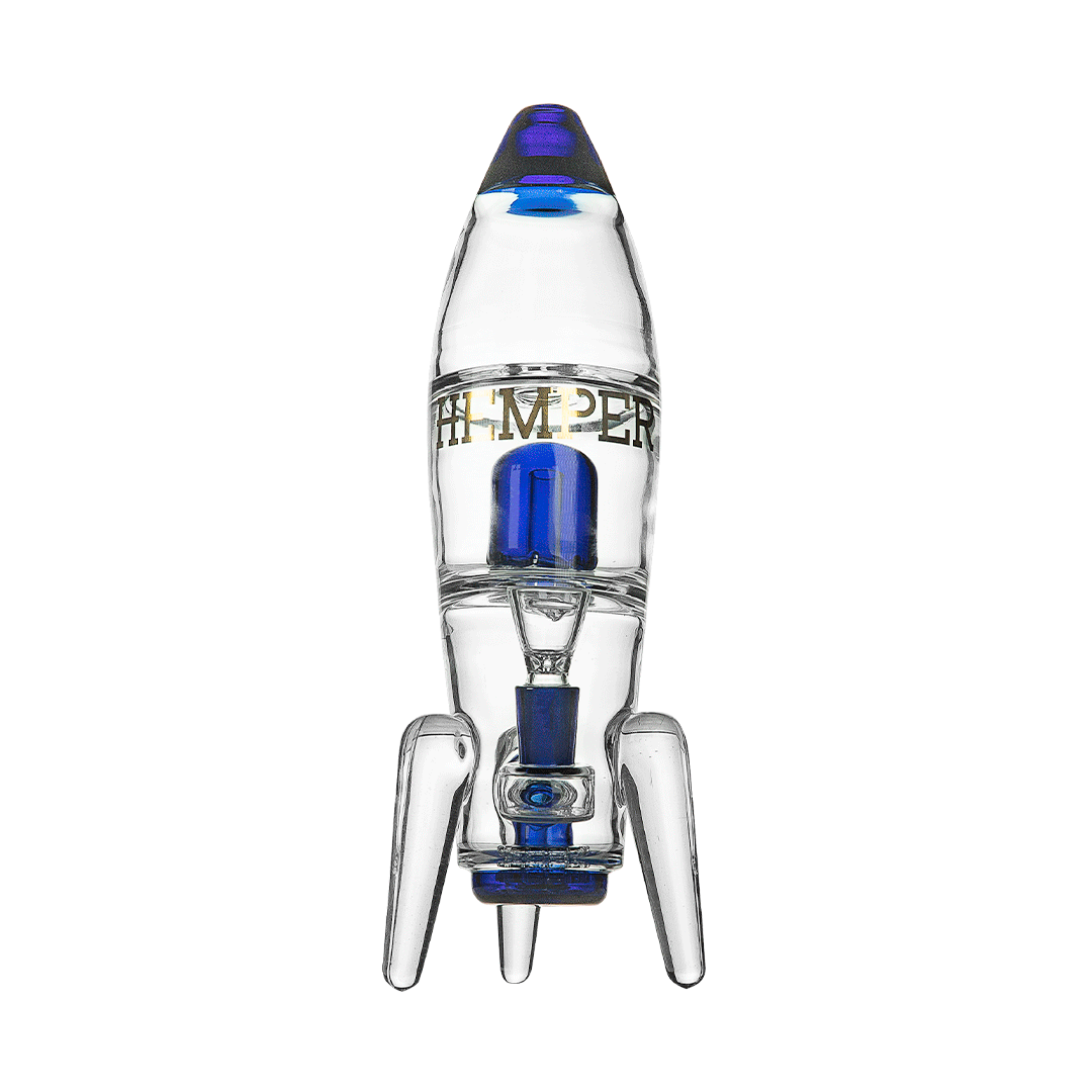 Hemper Rocket Ship XL Bong in Blue, 11" Tall with 14mm Joint, Front View on Seamless White
