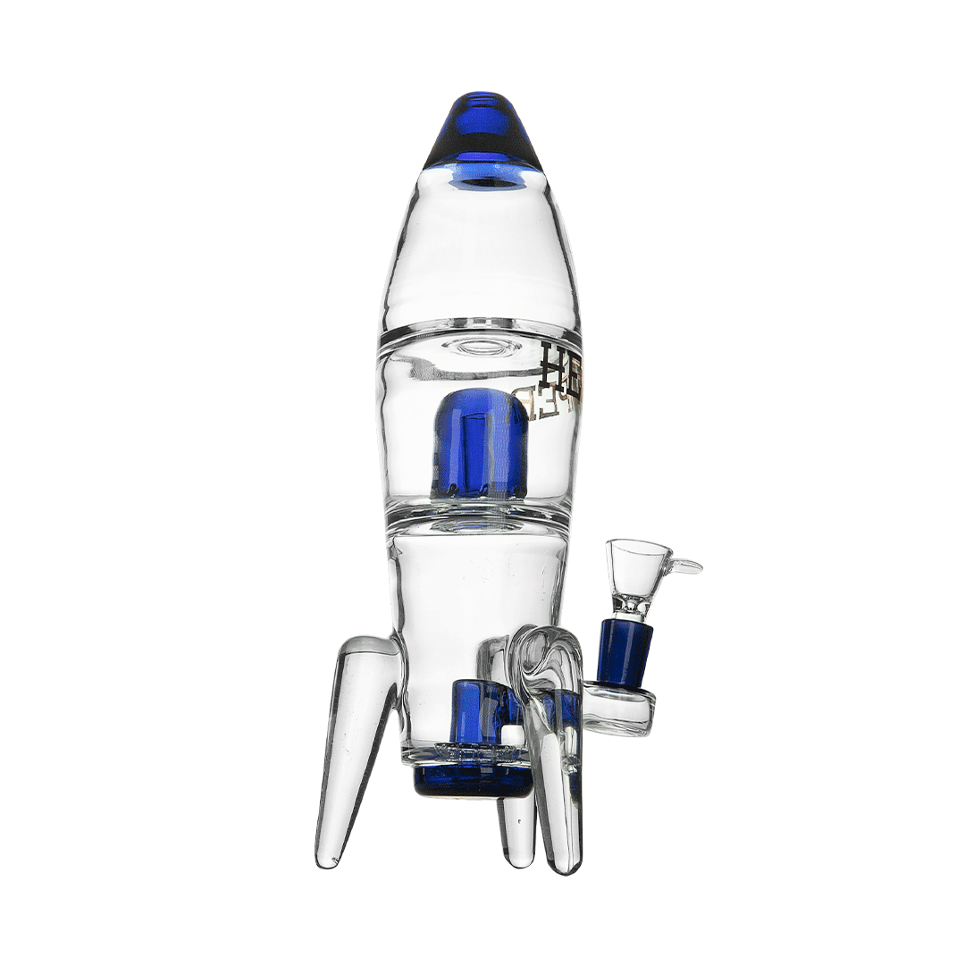 Hemper Rocket Ship XL Bong in Black and Blue, Front View, 11" Tall with 14mm Joint