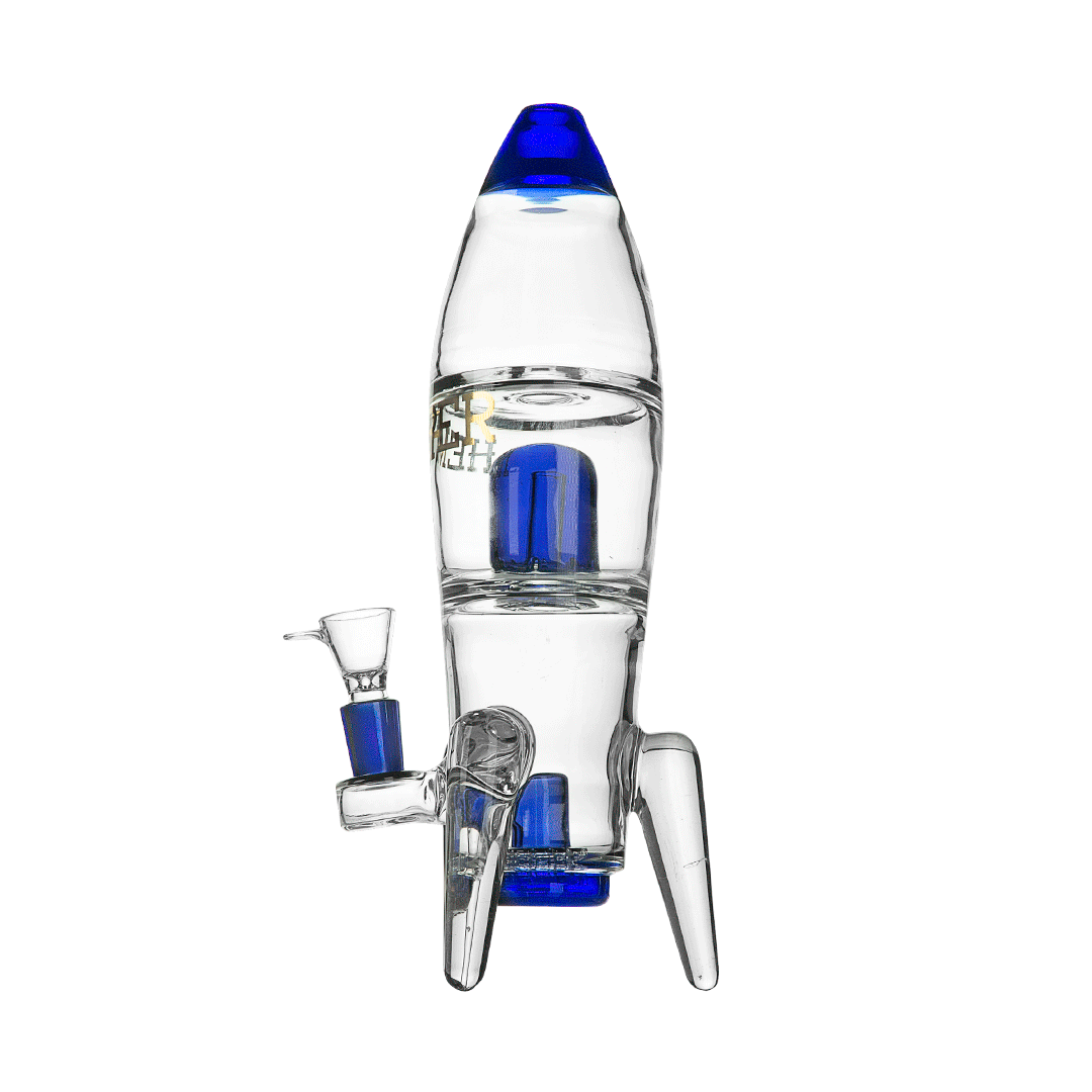 Hemper Rocket Ship XL Bong in Black and Blue, 11" Tall with 14mm Joint, Front View