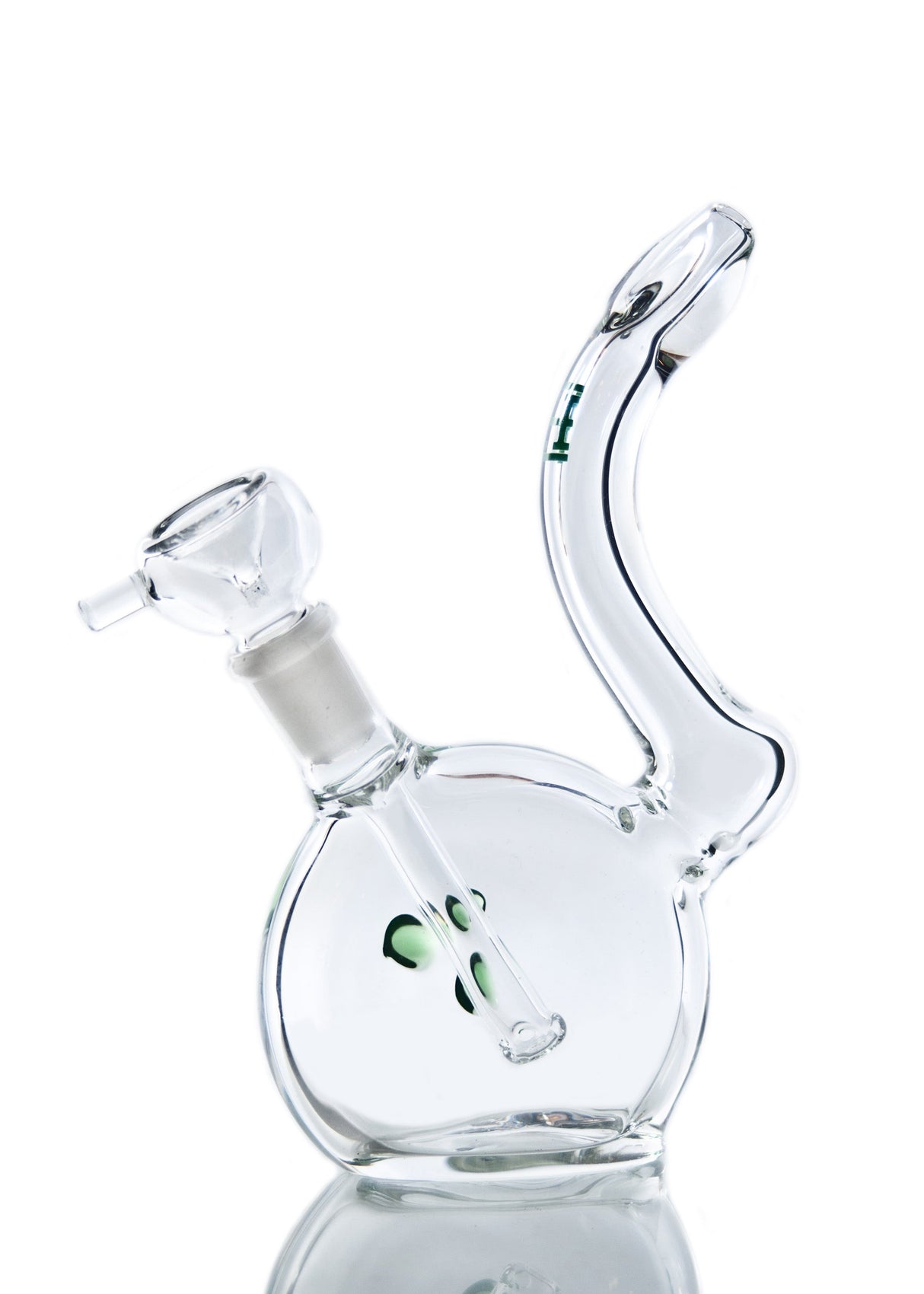 Hemper Sherlock Bubble Rig in clear borosilicate, 7" tall, 45-degree joint, side view on white