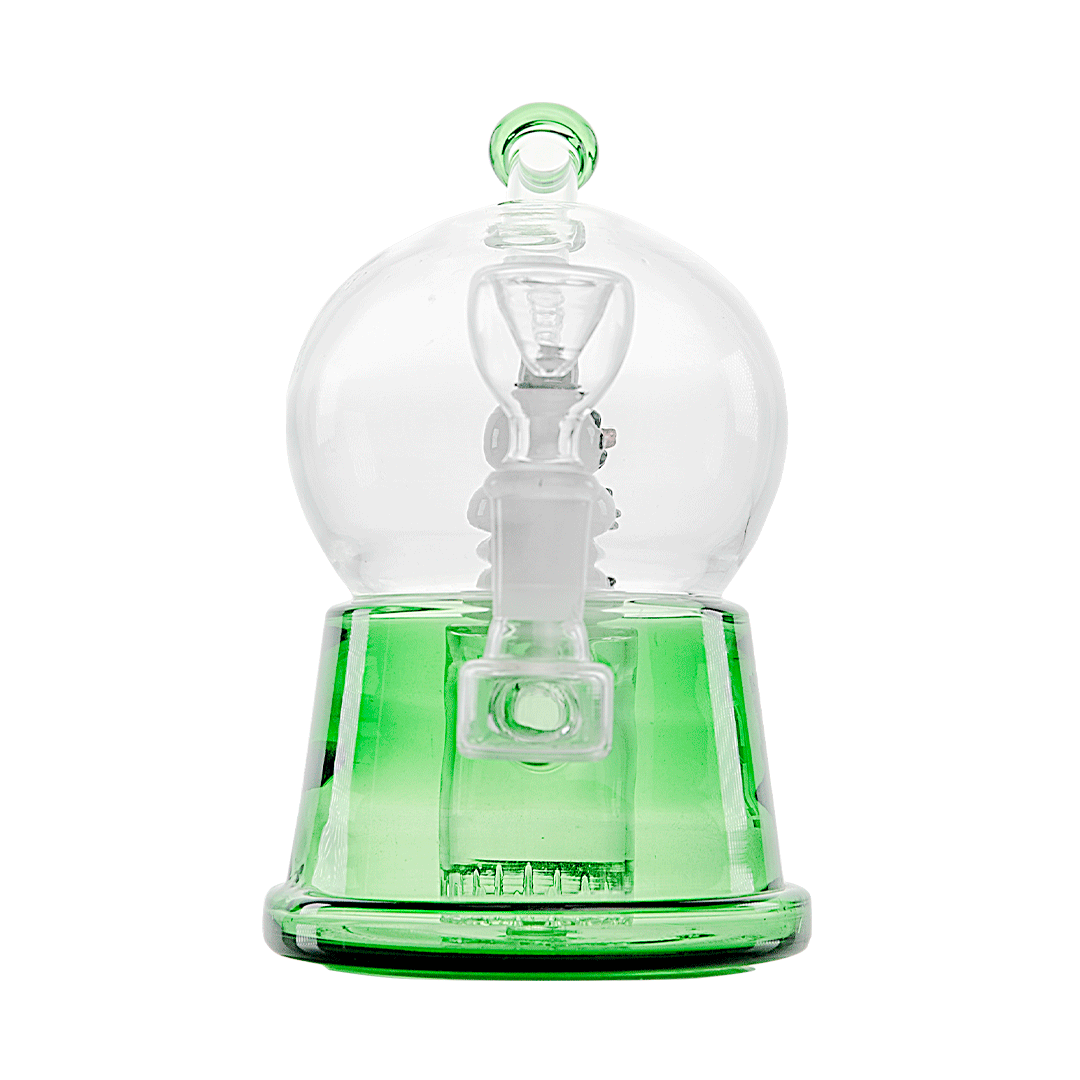 Hemper Snow Globe XL Bong in green, 8" tall borosilicate glass, front view on white background