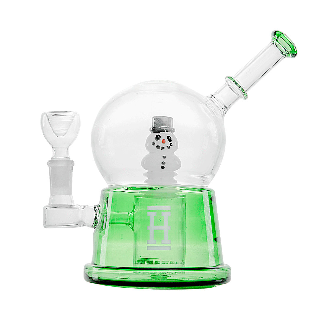 Hemper Snow Globe XL Bong with Snowman Inside, Green Base, 8" Tall, Front View