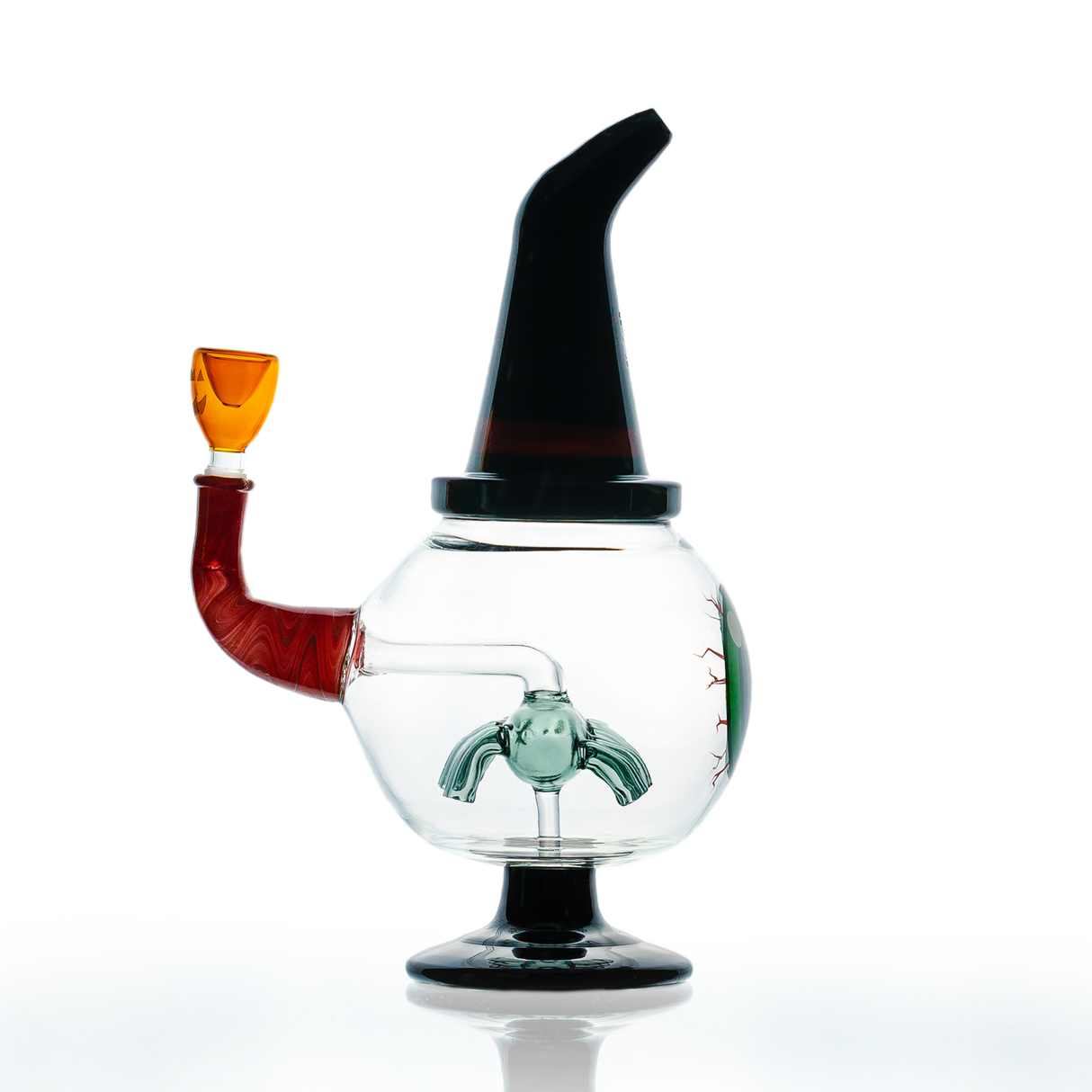 Hemper Wicked Witch XL Bong with orange accents, 10" height, clear glass, front view