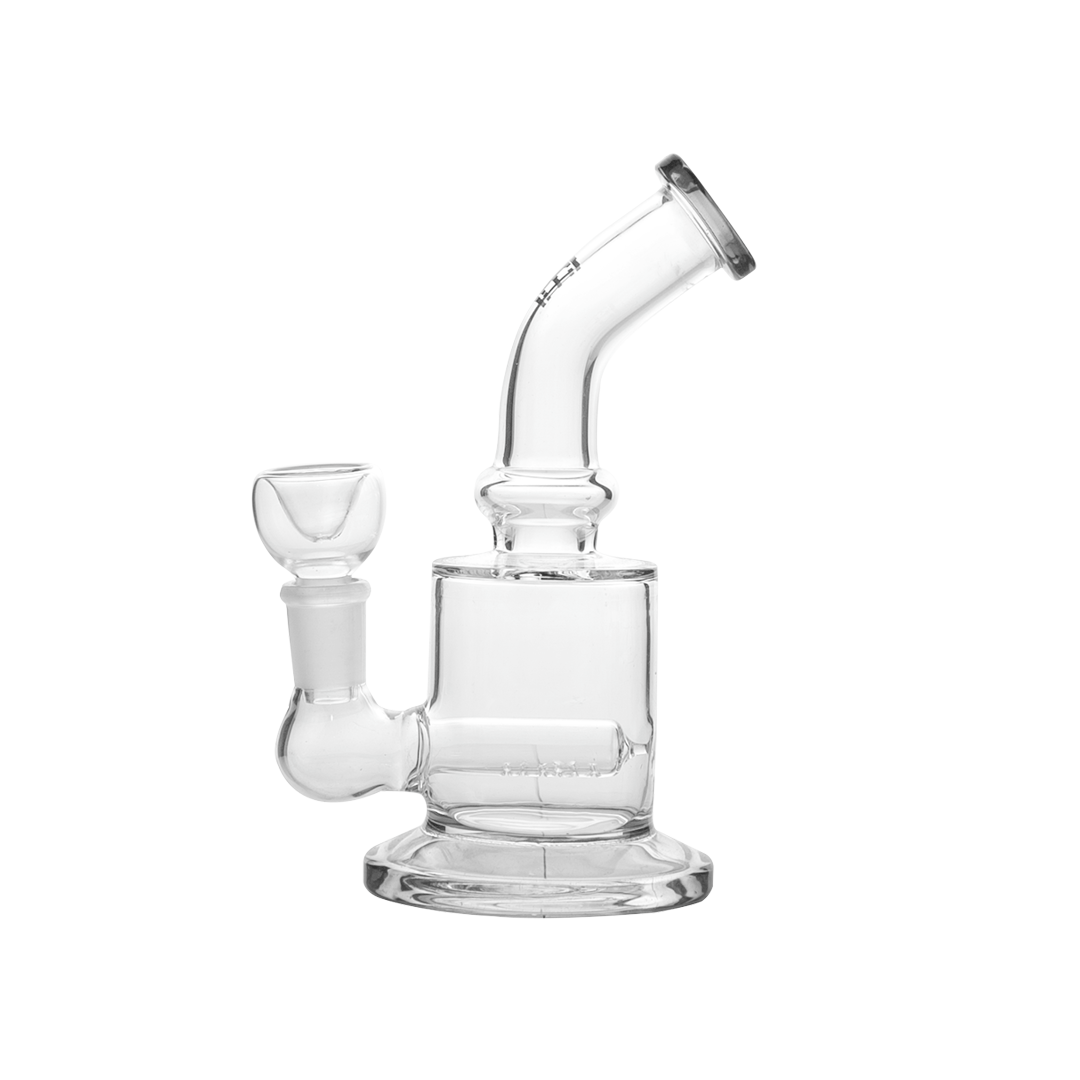 Hemper x CustomGrow420 Inline Perc Rig, clear borosilicate glass, 6" height, angled view