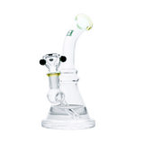 Hemper x Lil Debbie Rig in clear glass with teal accents, angled side view on white background