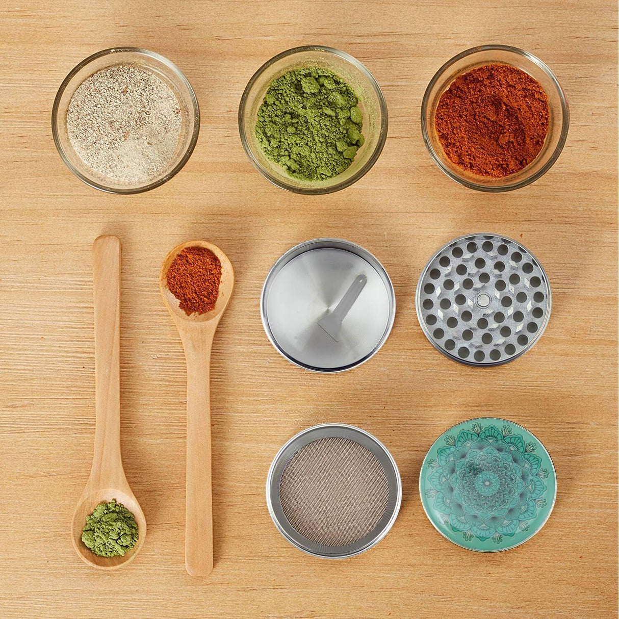 Pilot Diary Mandala Grinder Silver disassembled view with spices on wooden surface