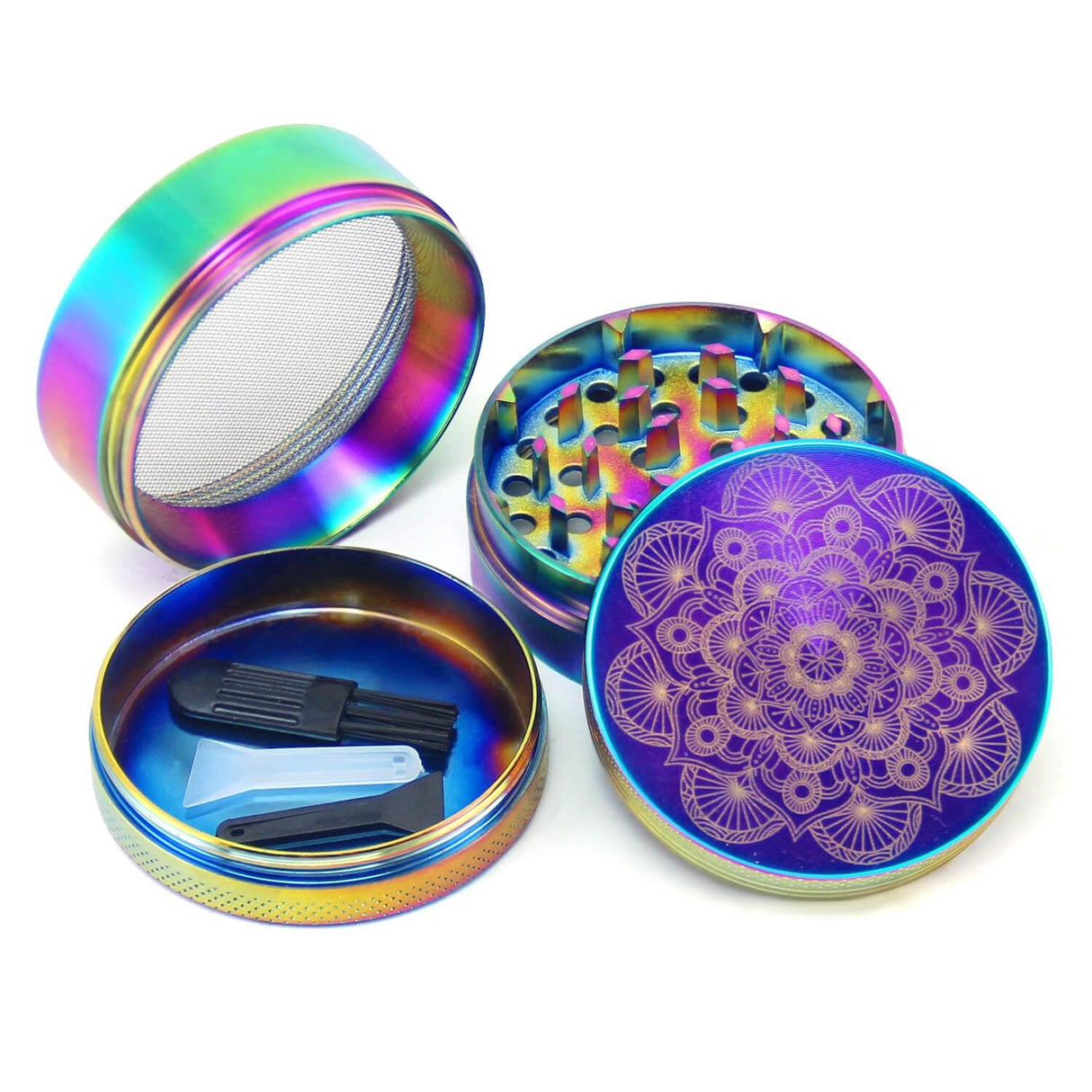 PILOT DIARY Mandala Herb Grinder, open view showing all compartments and scraper