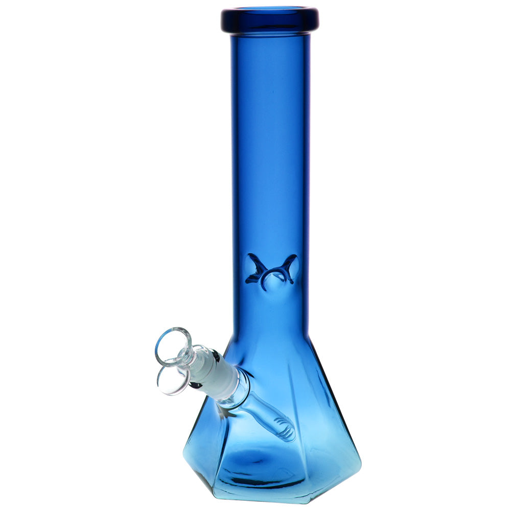 Blue Hextasy Hexagonal Beaker Water Pipe, 12" with 45 Degree Joint, Borosilicate Glass, Front View