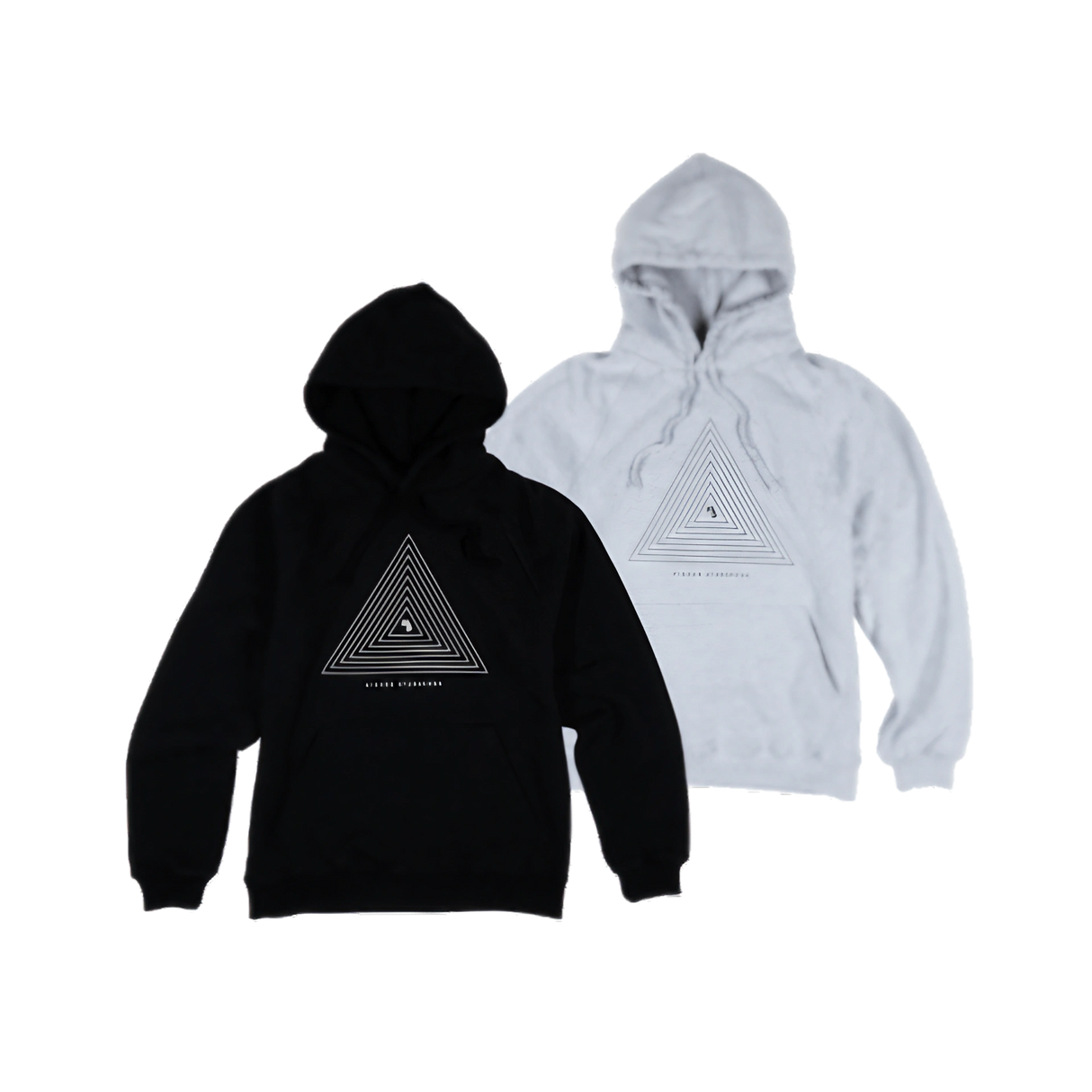Higher Standards Hoodie in black and grey, unisex, with concentric triangle logo, front view