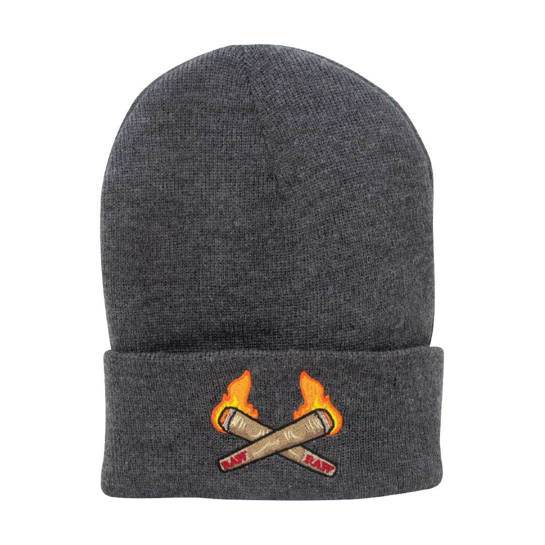 Front view of RAW Branded Beanie in Burning Cones Grey with embroidered logo, cotton material