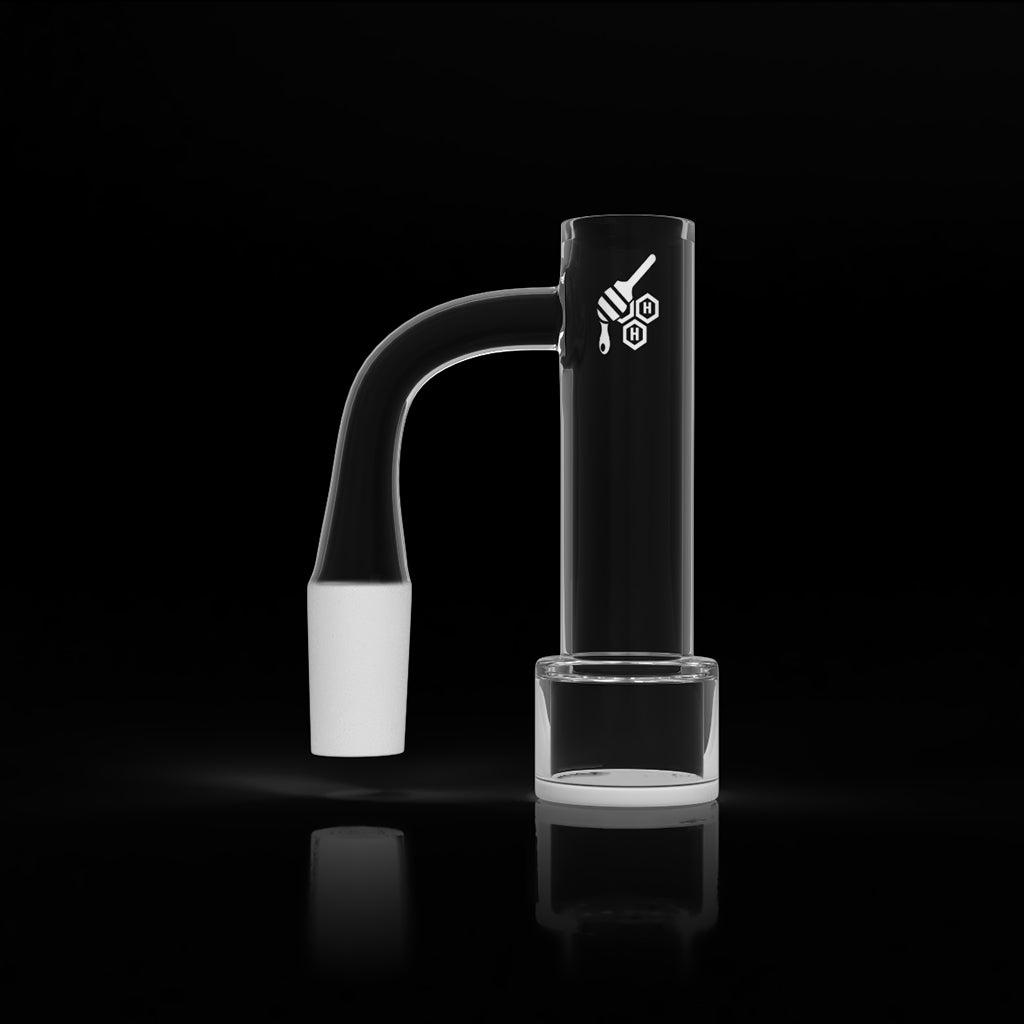 Honey Boiler Quartz Banger 90Β° Degree by Honeybee Herb, clear flat top design, side view on black background