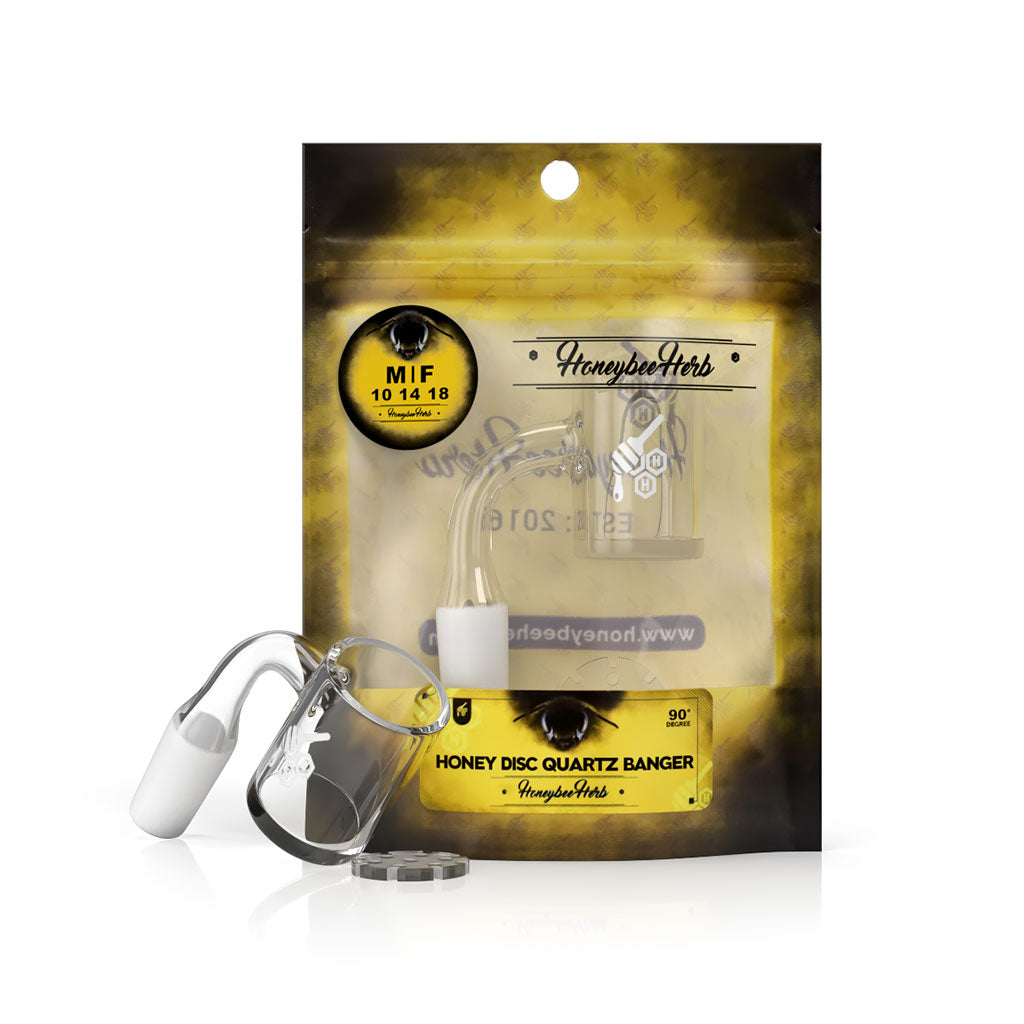 Honeybee Herb Honey Disc Quartz Banger 90Β° Degree on Packaging, Clear Quartz, 14mm Male Joint