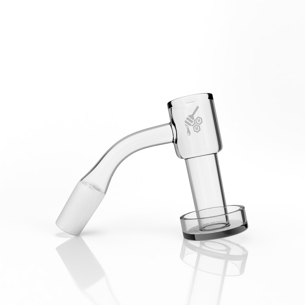 Honeybee Herb Honeysuckle Bevel Quartz Banger at 45Β° angle for dab rigs, clear design, side view